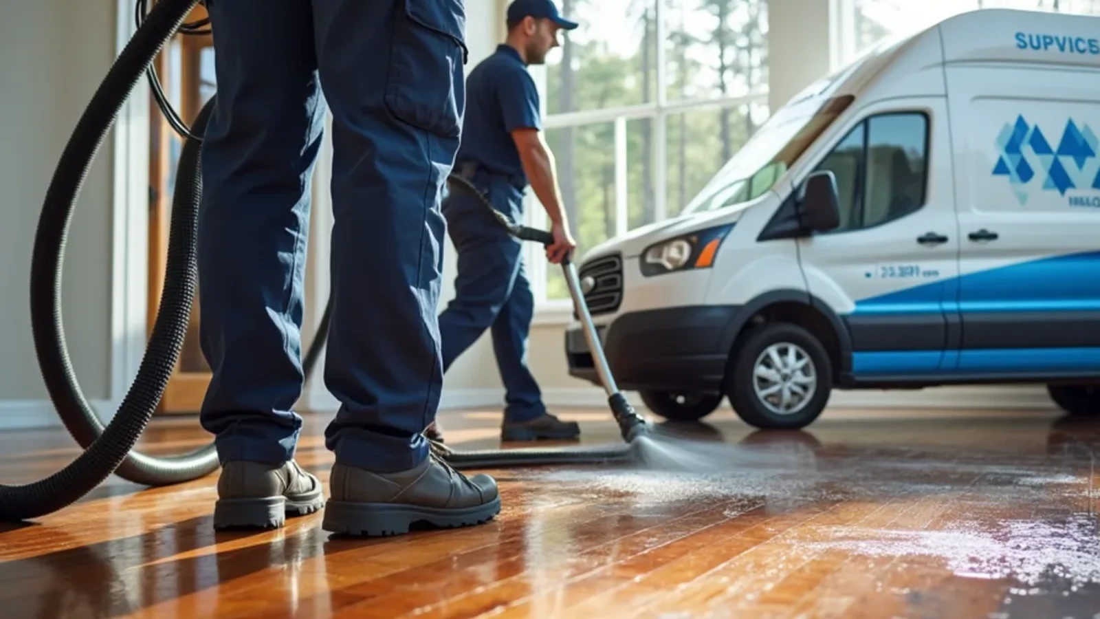 Water extracting equipment drying wet hardwood floor after a pipe burst in Atlanta