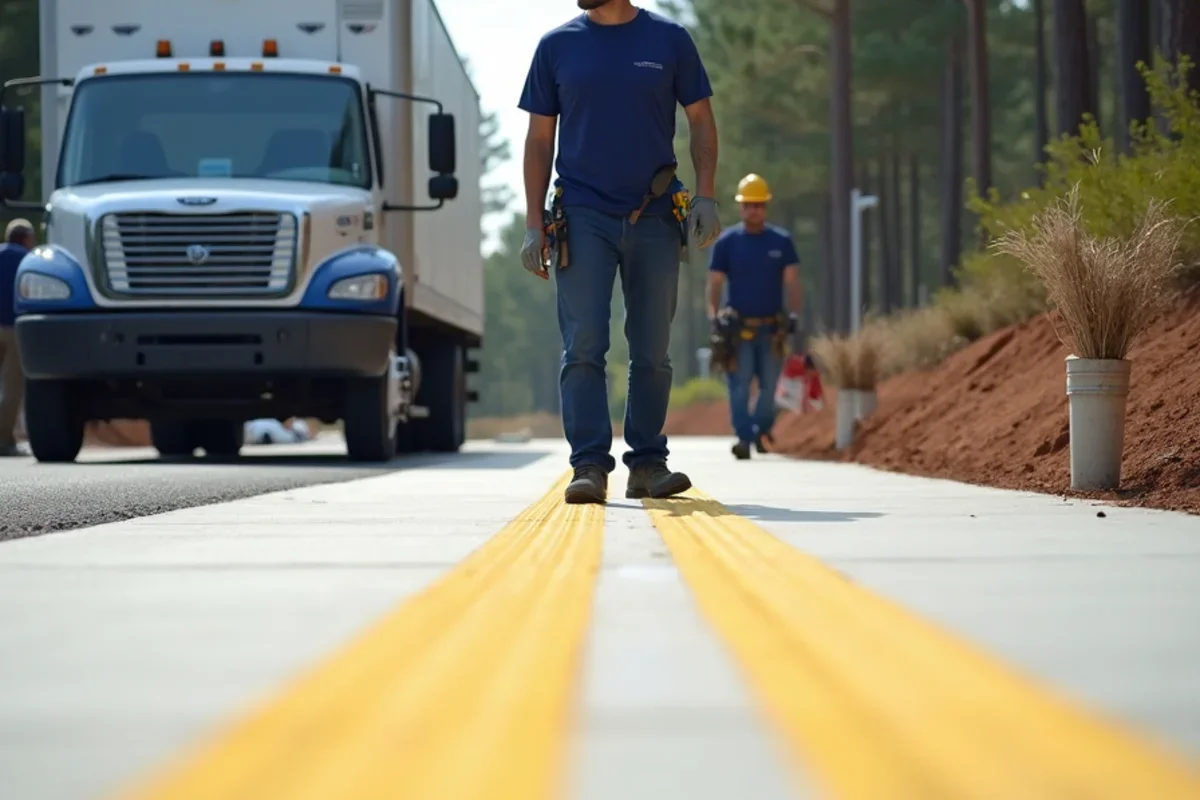 Smooth, flush commercial concrete walkway with crisp yellow safety lines in Atlanta