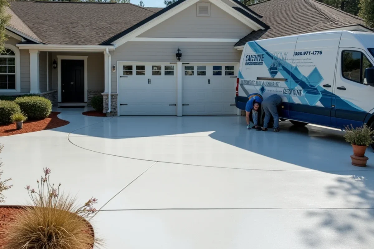 Showroom finish three car garage floor coating with clean perimeter cove detail