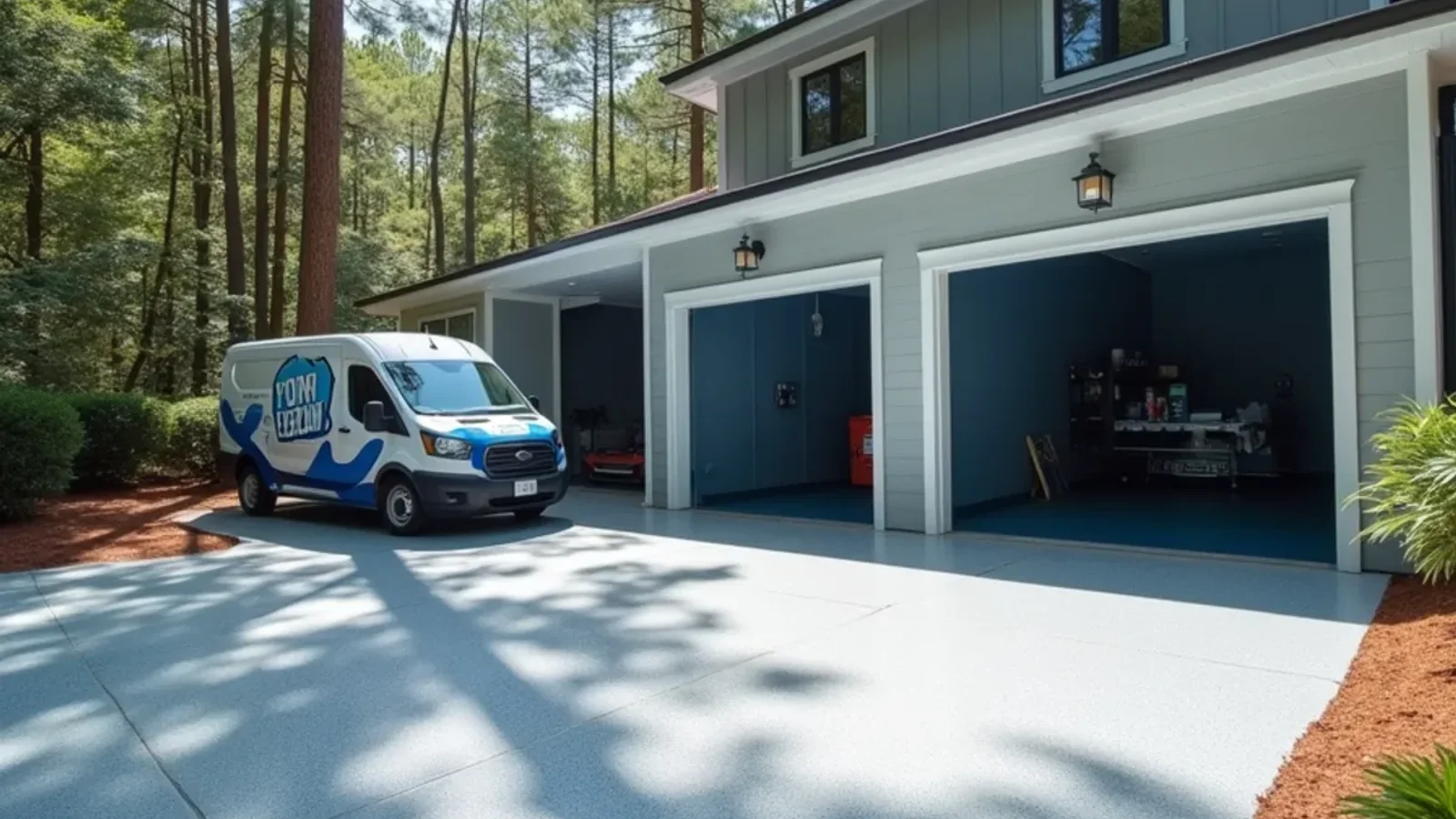 Finished two car garage floor coating with full flake broadcast in Atlanta GA