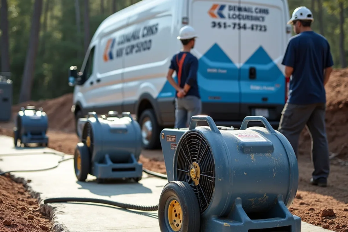 Commercial centrifugal air movers drying bare concrete slab in finished basement