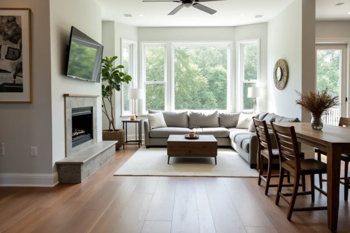 Completed open concept living room featuring 20-mil wear layer luxury vinyl plank