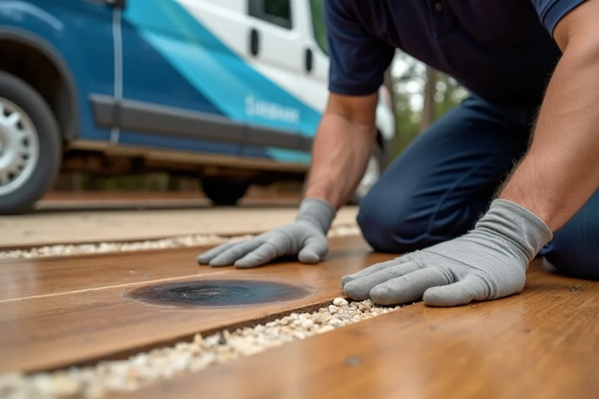 Dark pet urine stain in oak floorboard being cut out for replacement