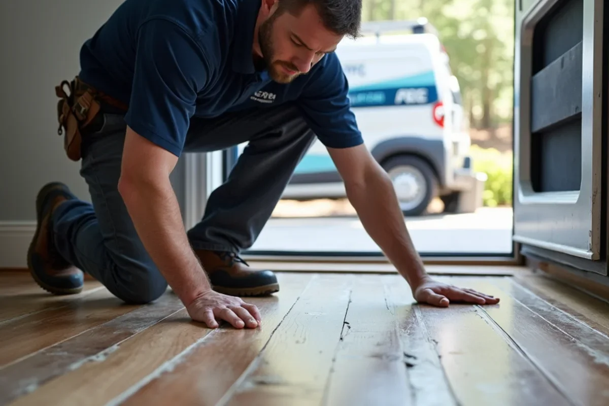Technician carefully unclicking wet luxury vinyl planks to dry subfloor beneath