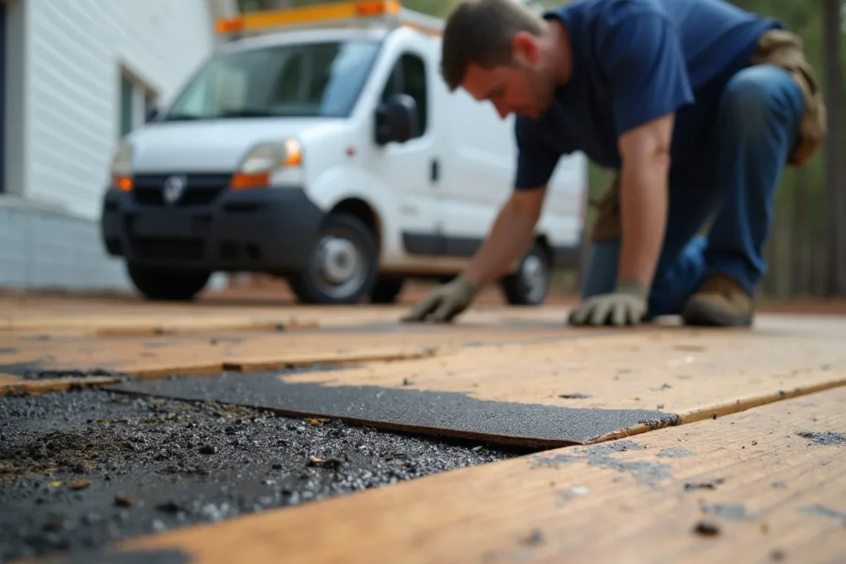 Black mildew growth on wooden subfloor discovered beneath moisture-trapping vinyl floor