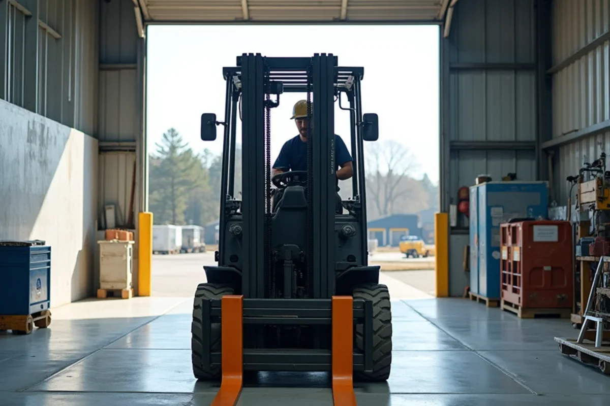 Forklift driving smoothly across heavy duty chemical resistant warehouse floor coating