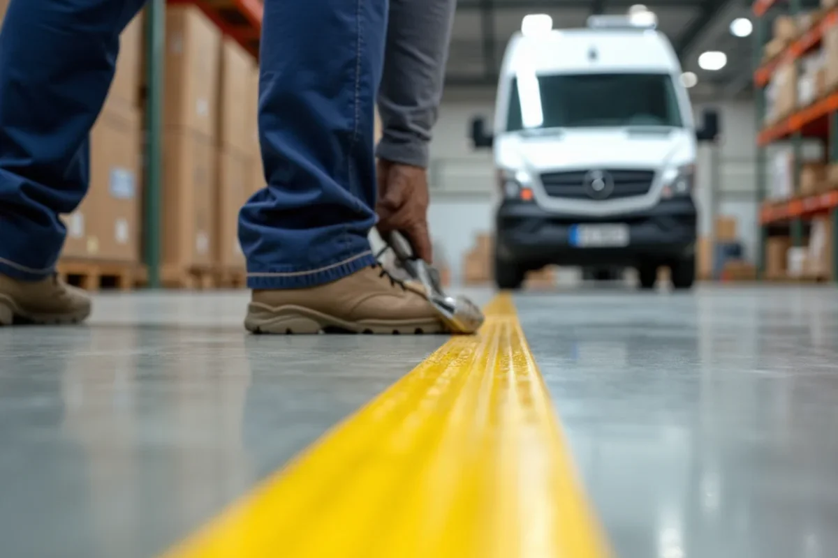 Applying OSHA safety yellow epoxy line striping and pedestrian walkway hatching in an Atlanta logistics warehouse