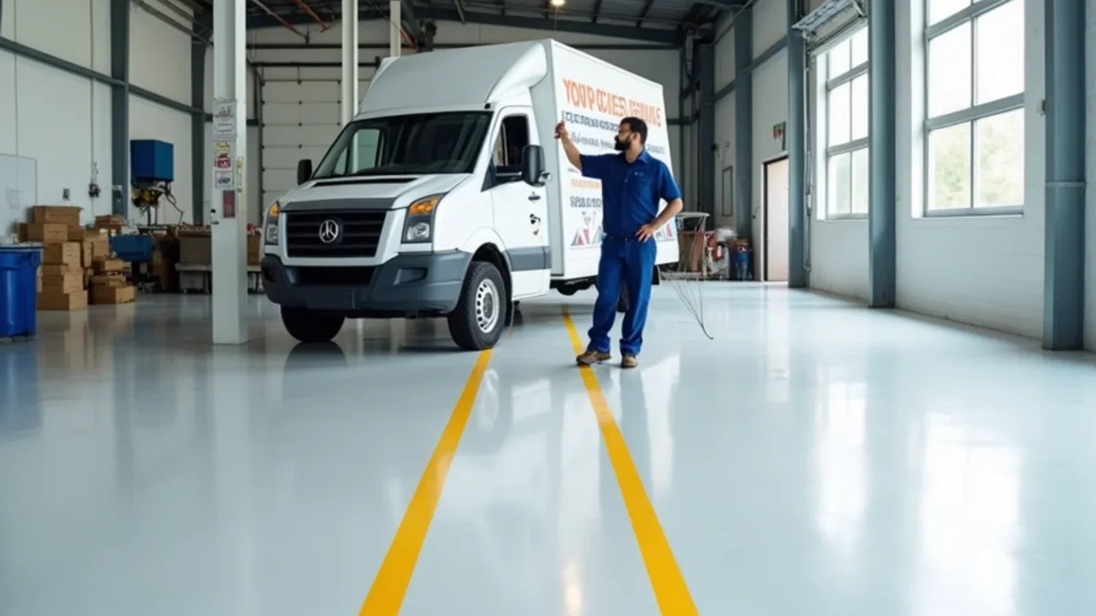 Industrial warehouse epoxy floor coating with yellow safety aisle line striping in Atlanta