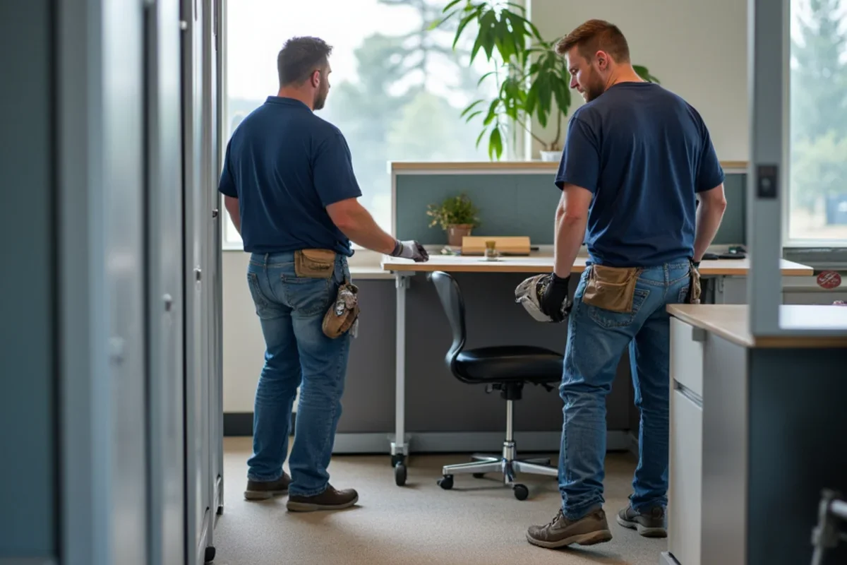 Installation team using modular furniture lifting jacks to install commercial carpet tile without dismantling cubicles in an Atlanta office