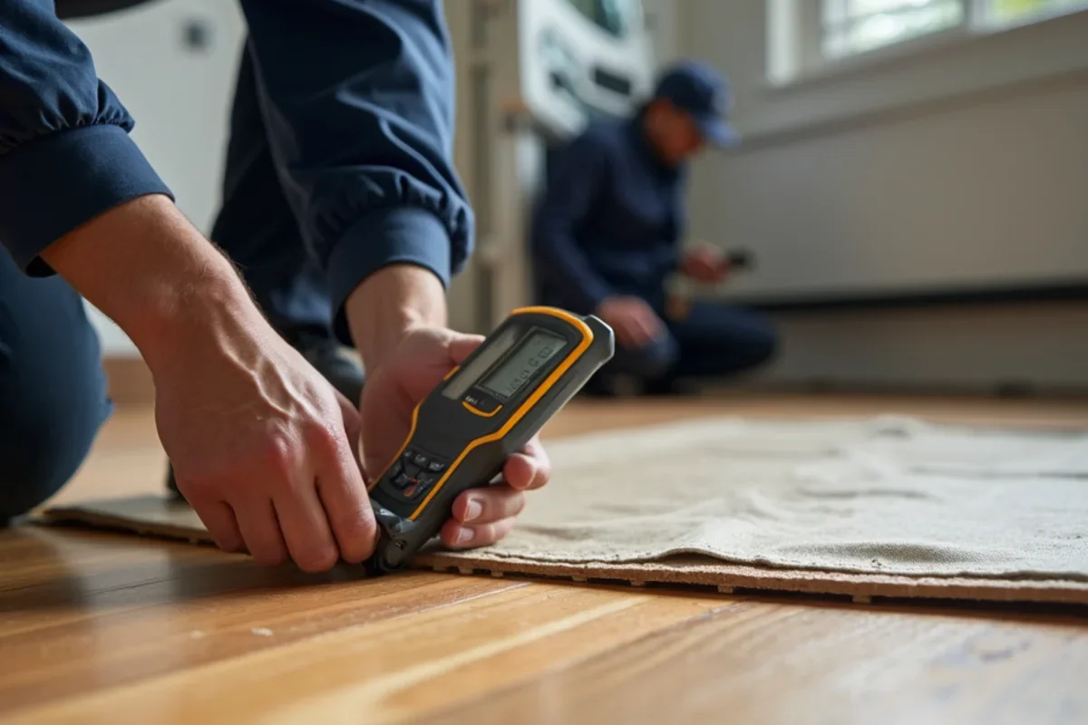 Technician probing moisture gradient between bottom and top of cupped wood floorboard