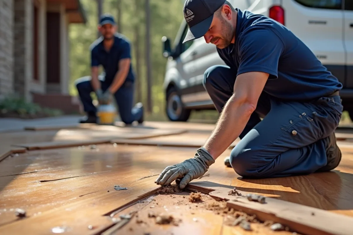 Making surgical expansion relief cut in buckled hardwood floor to relieve lateral tension