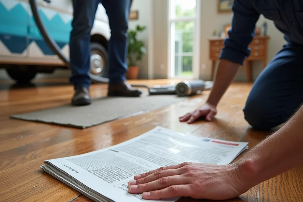 High-pressure floor drying mats and vacuum extraction system drawing moisture out of cupped oak hardwood planks in Atlanta residence