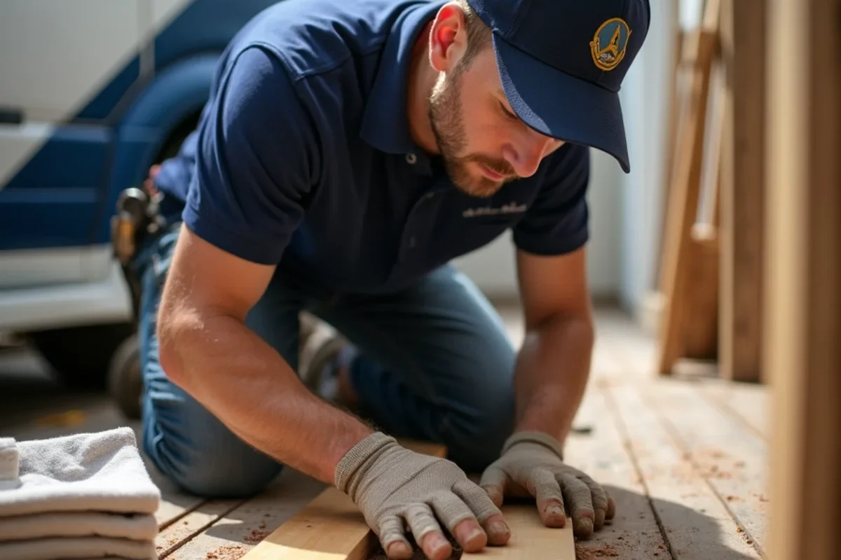 Carpenter lacing new solid oak floorboards into undamaged existing hardwood floor