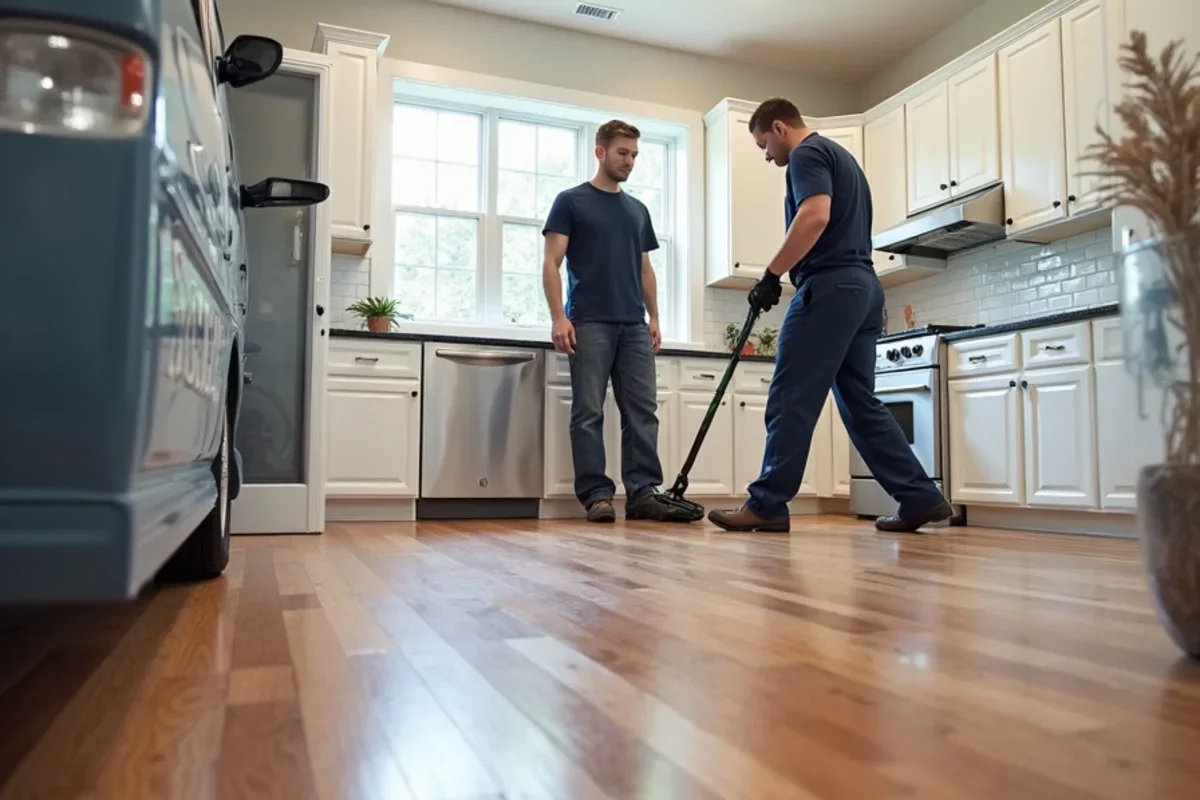 Completed floor replacement seamlessly blending repaired kitchen into living room hardwood