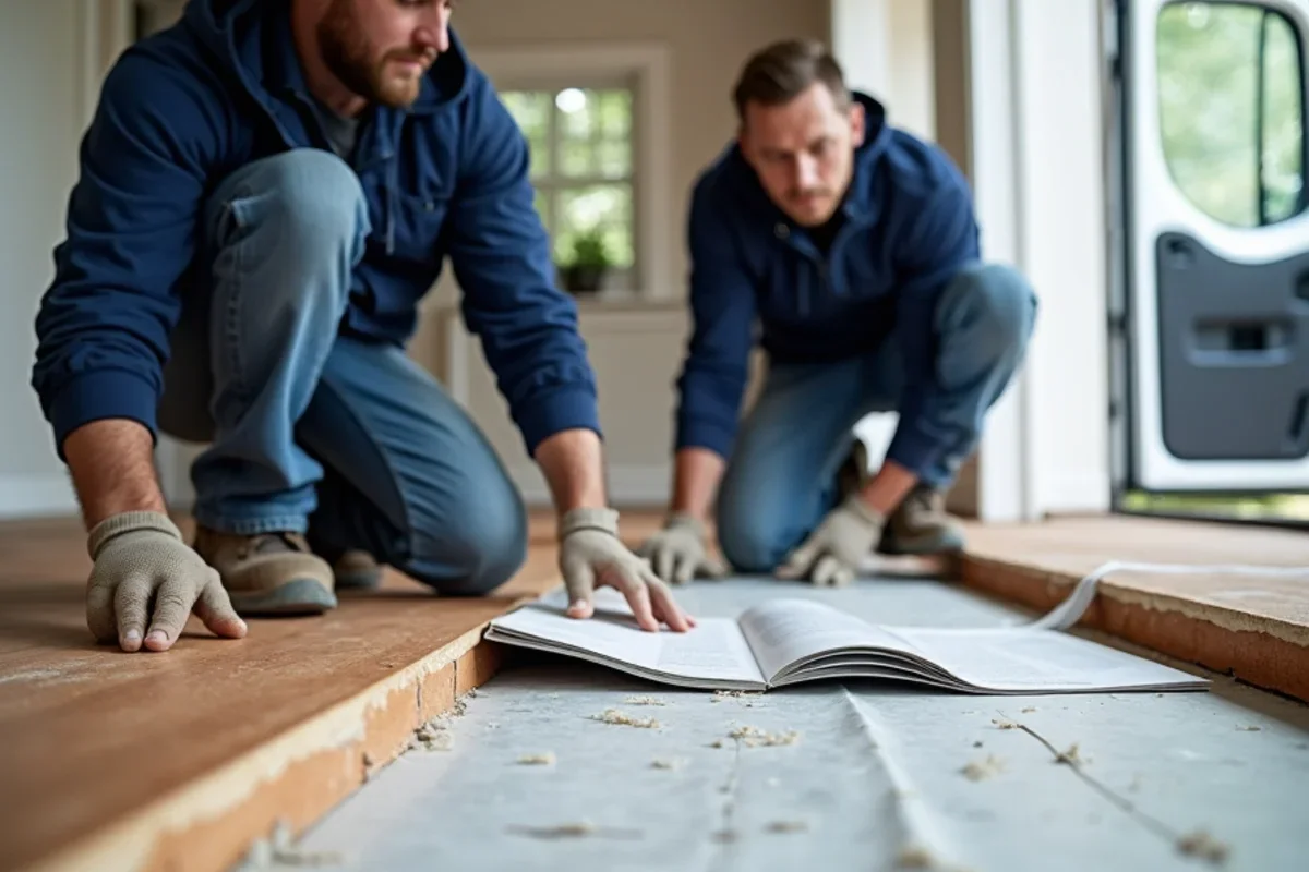 Installing ASTM compliant moisture vapor barrier and anti-fracture underlayment over dried subfloor before new floor installation in an Atlanta home