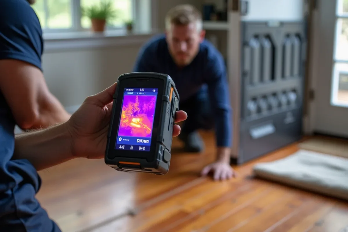 FLIR infrared thermal imaging camera detecting hidden moisture under hardwood flooring
