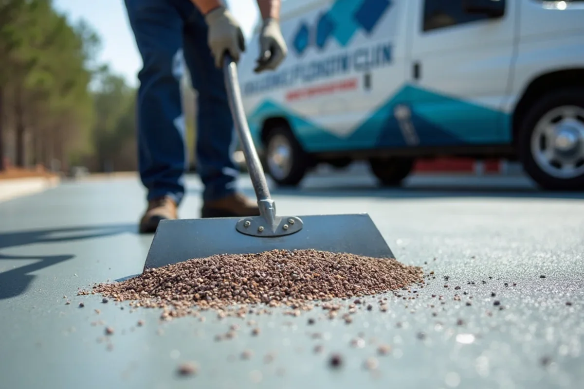 Technicians broadcasting colored quartz aggregate into commercial epoxy basecoat for extreme slip resistance in an Atlanta clinic