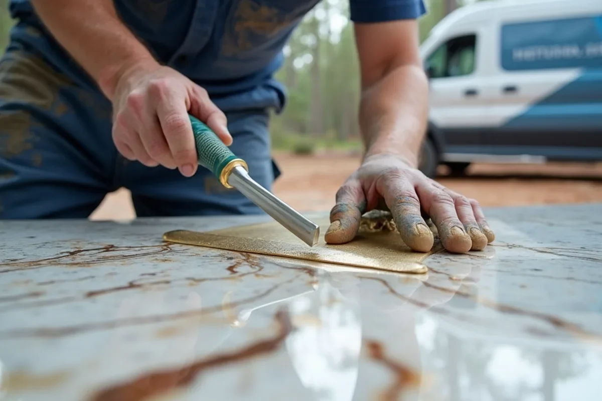 Installer using solvent mist and notched squeegee to manipulate metallic pigments into organic marble veining