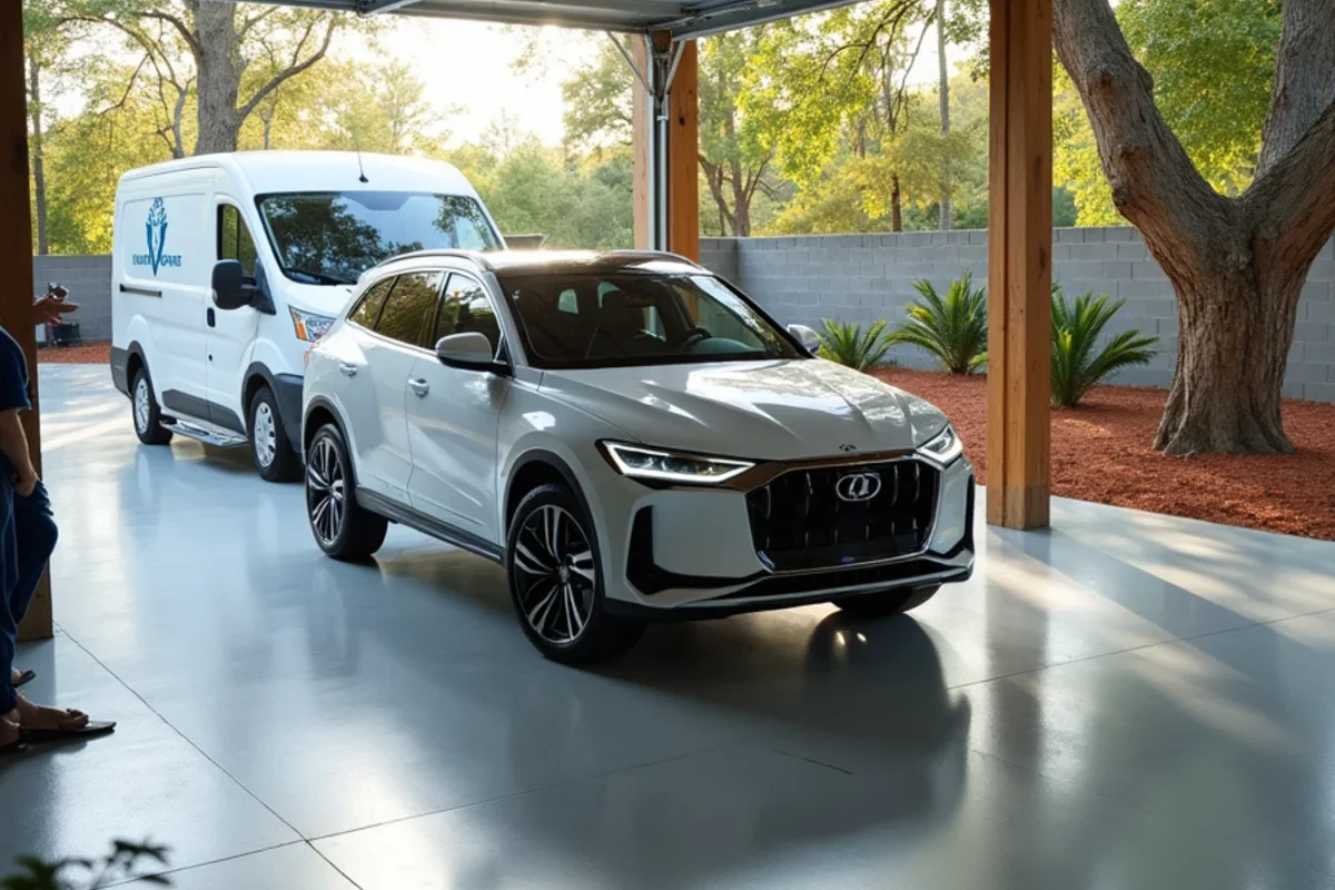 Driving luxury SUV onto freshly cured polyaspartic garage floor just 24 hours after application