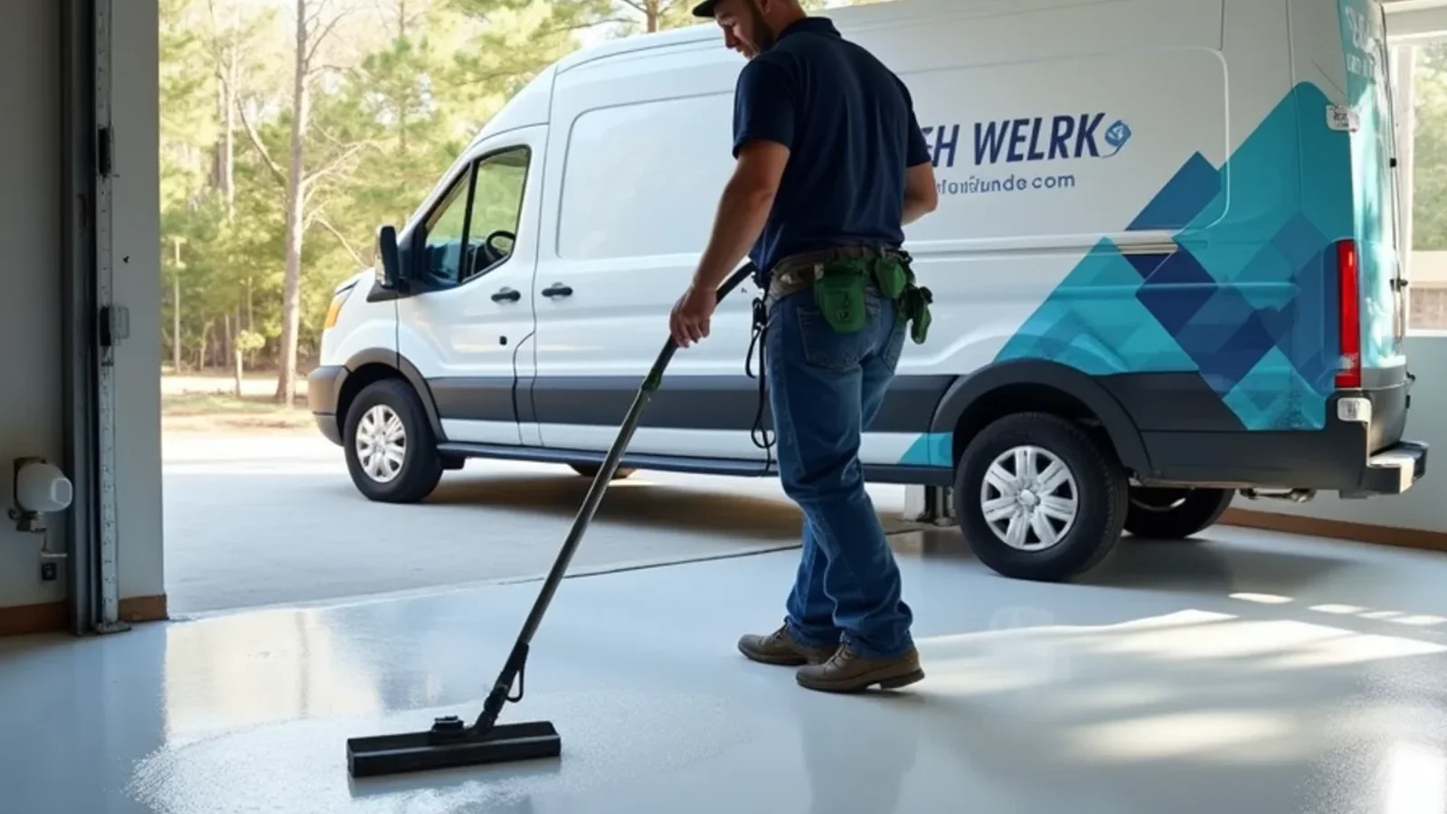 Fast cure polyaspartic floor coating being squeegeed over garage concrete in Atlanta GA