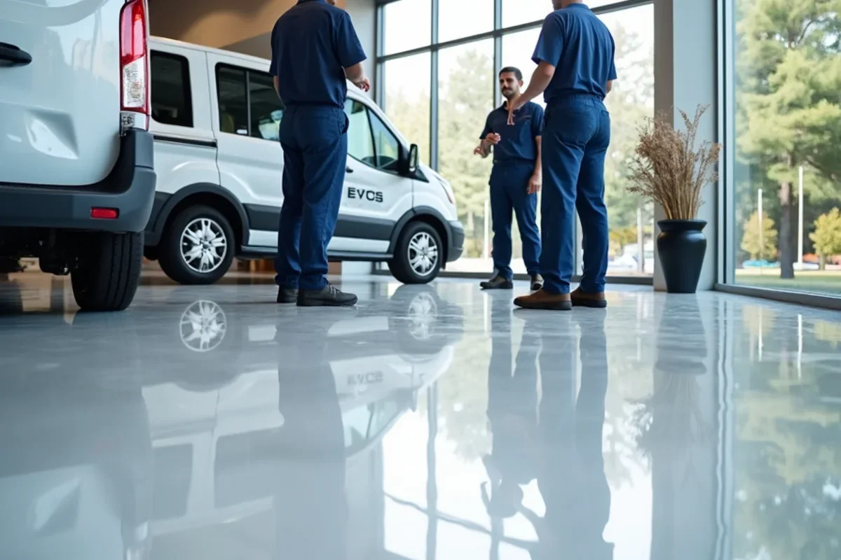 Gleaming high-gloss commercial epoxy floor in an Atlanta automotive showroom