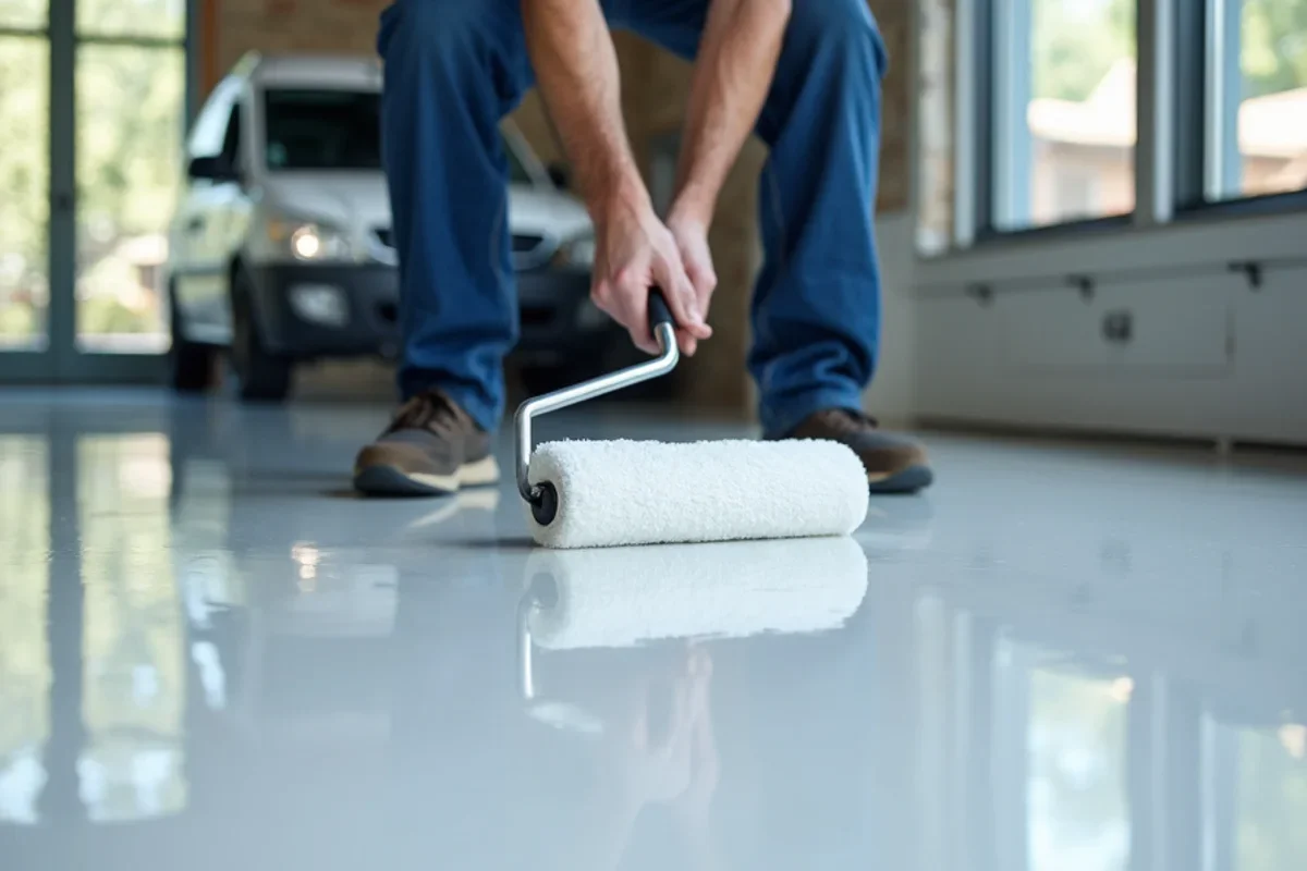 Applying crystal clear, UV-stable polyaspartic topcoat with a roller over cured epoxy floor in an Atlanta showroom