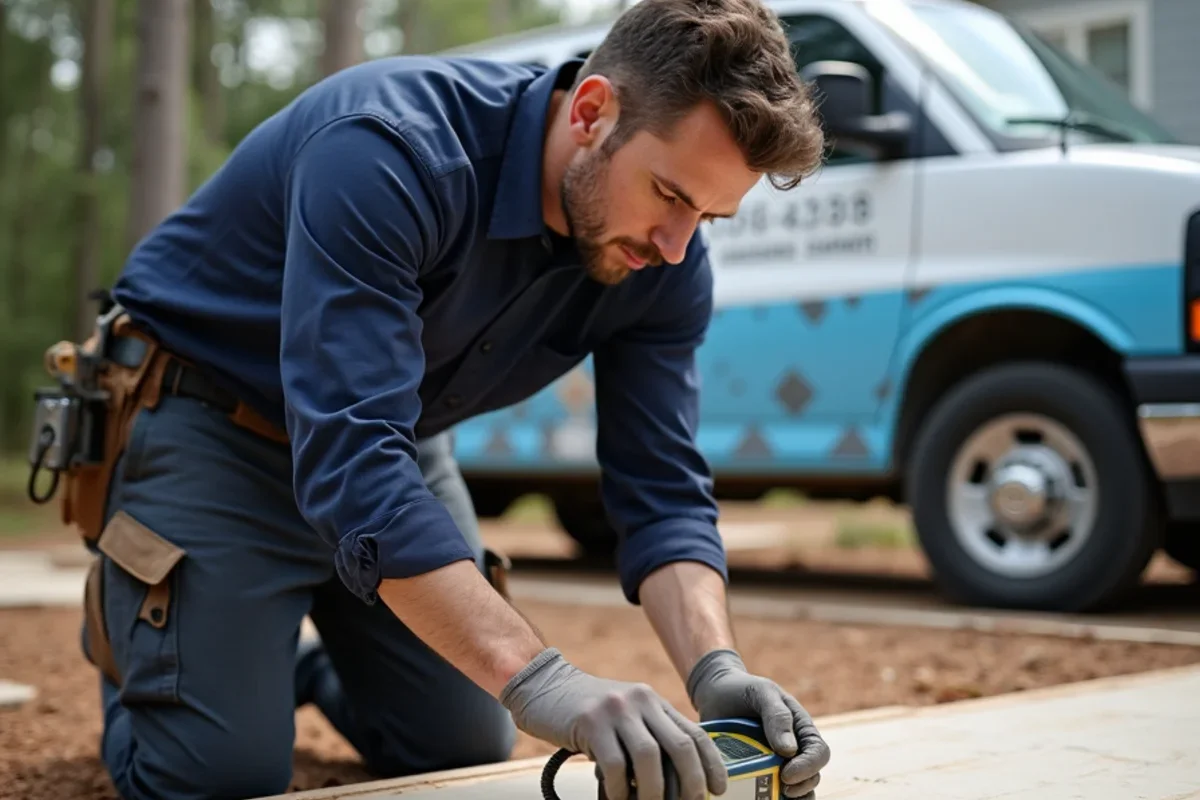Technician checking subfloor moisture levels with a digital pin meter in Atlanta