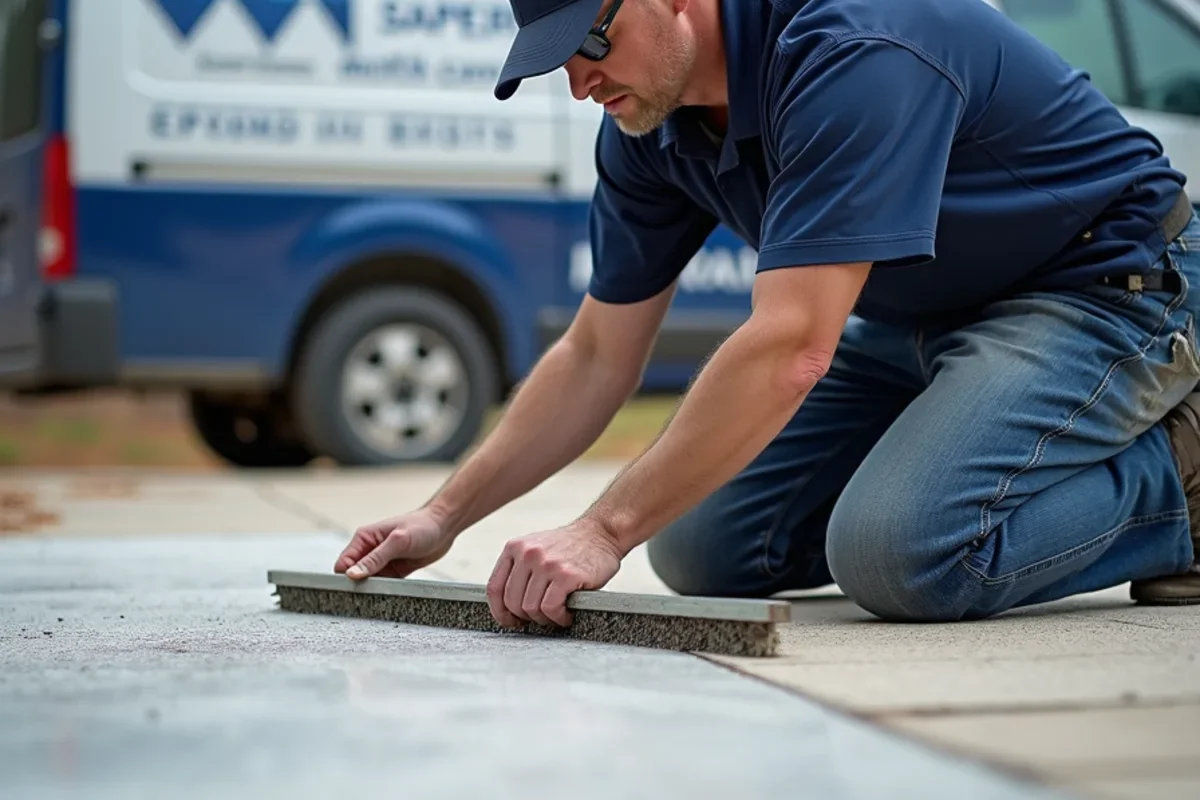 Technician using floor scraper to knock down sharp flake edges before clear topcoating