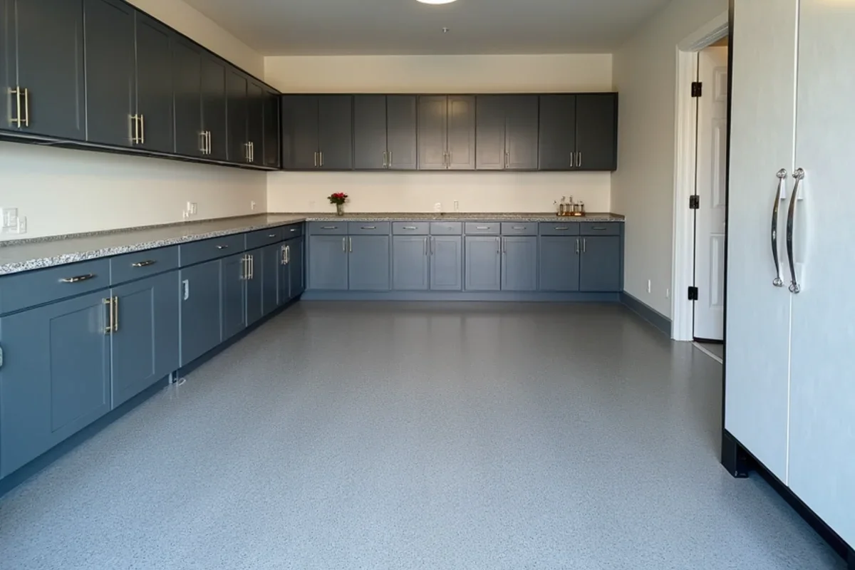 Showroom clean garage with custom gray flake floor coating and matching storage cabinets
