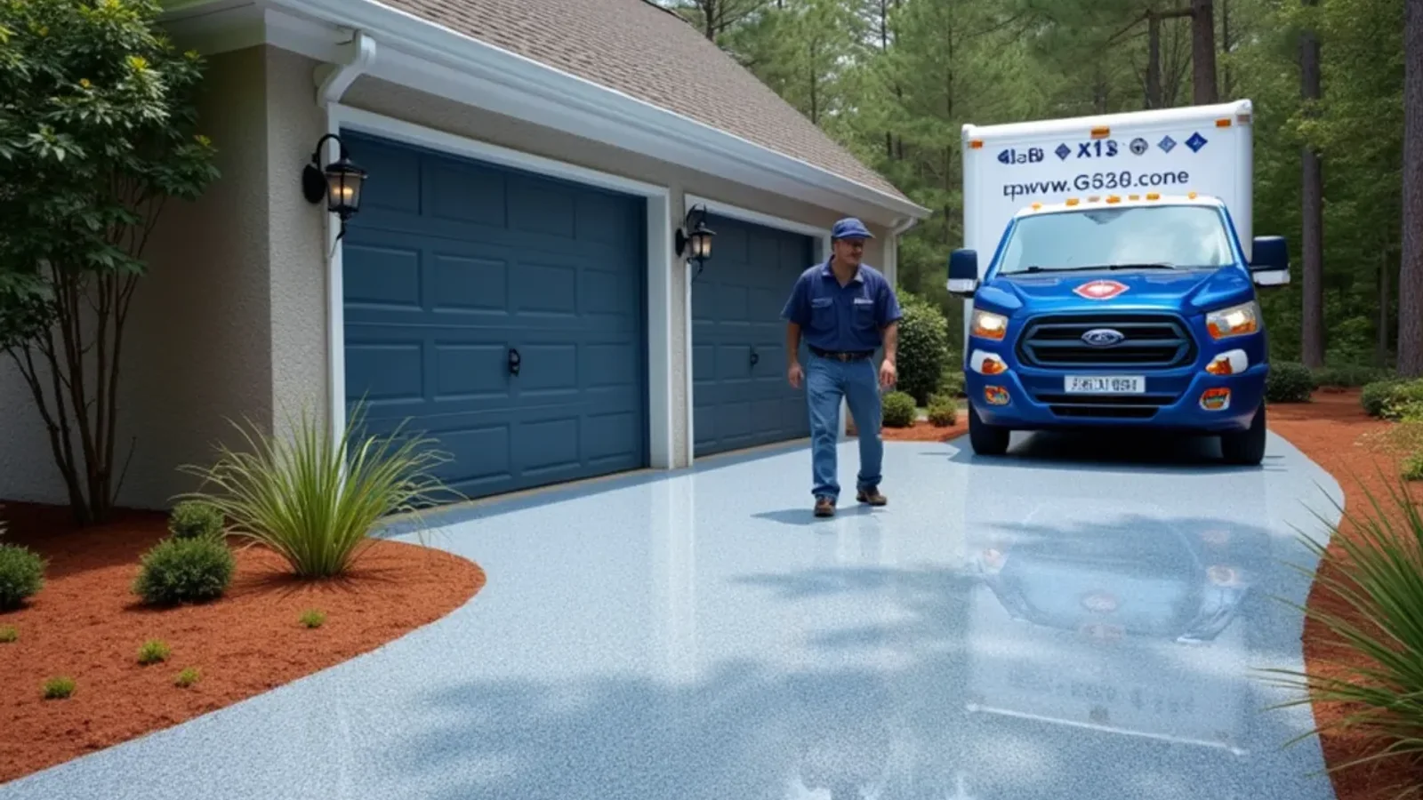 Two-car garage floor transformation with full broadcast flake epoxy coating in Atlanta GA