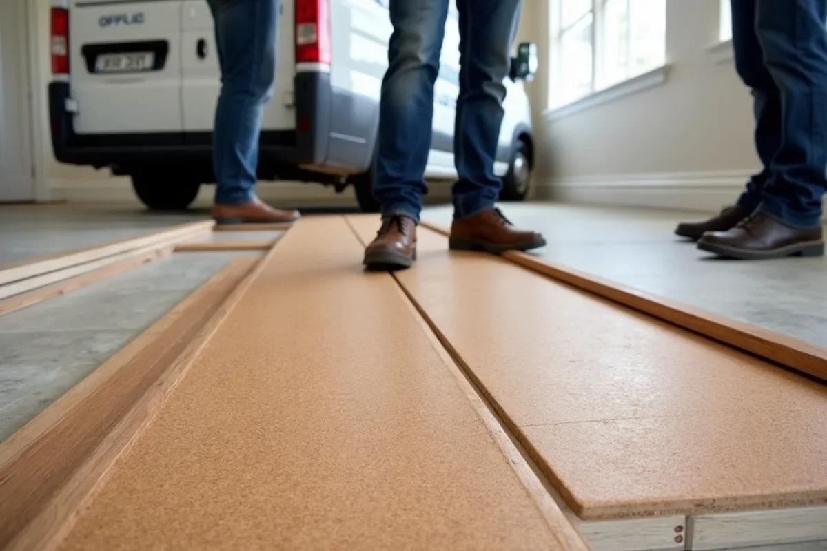 Natural cork flooring tiles installed in an Atlanta home office for thermal insulation and acoustics