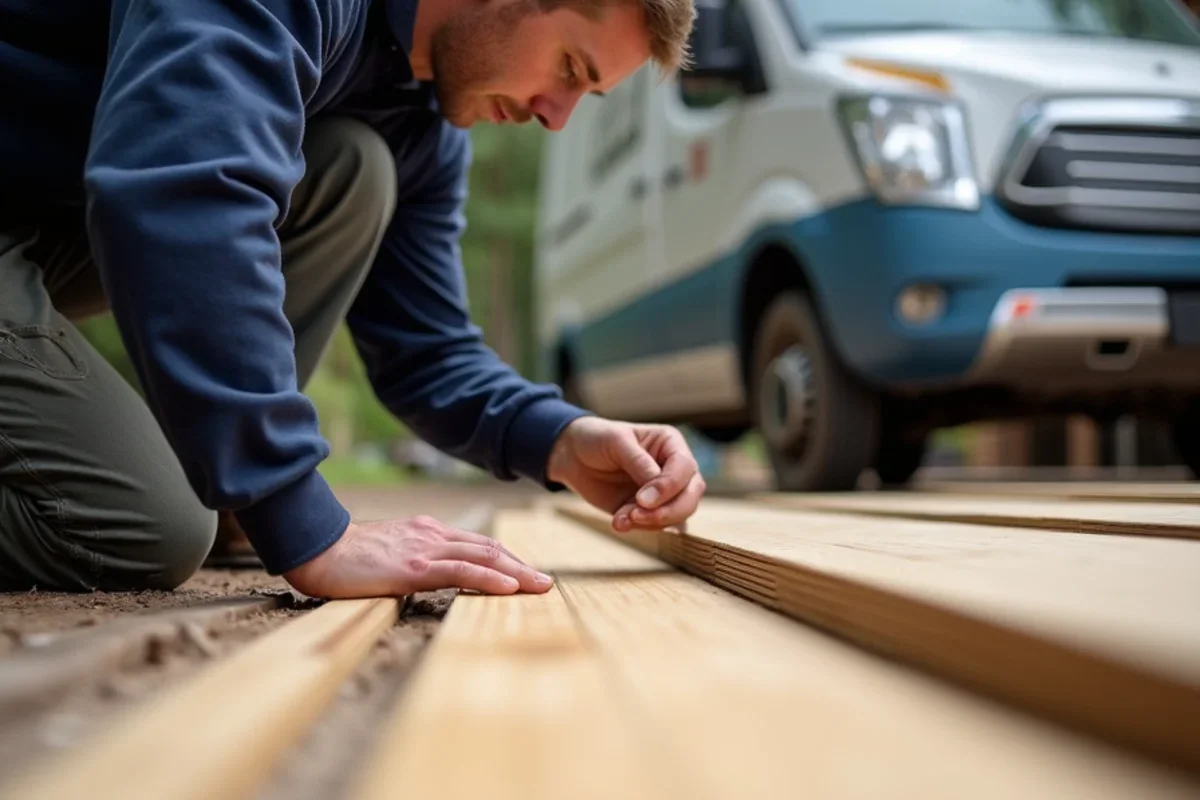 Installer checking locking mechanism of heavy strand-woven bamboo flooring planks