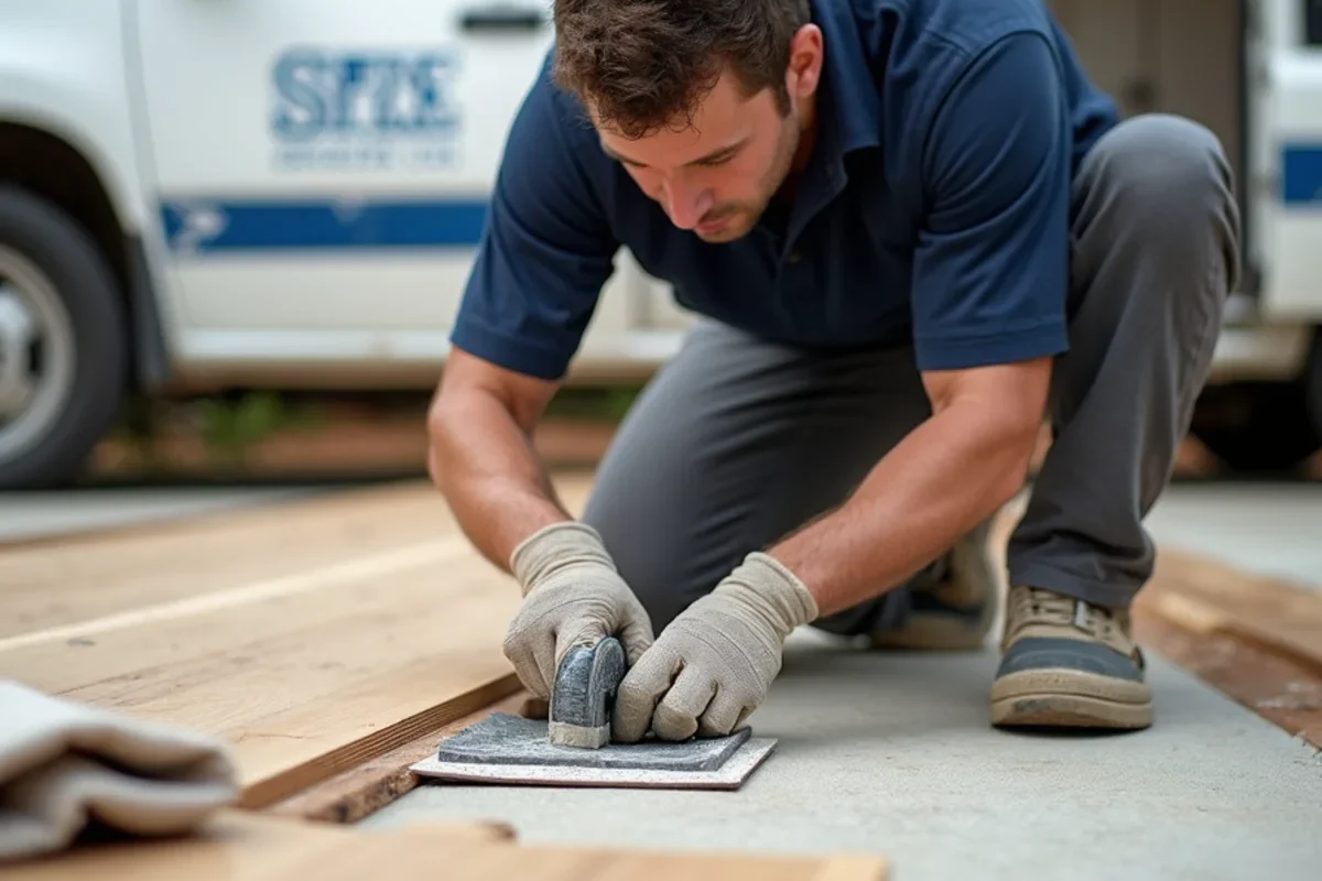 Installer applying moisture-barrier urethane adhesive with notched trowel for engineered wood in Atlanta