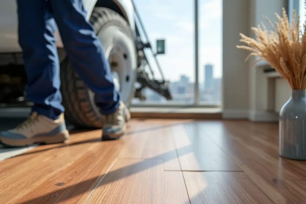 Finished engineered hardwood installation in a high-rise condominium overlooking Atlanta