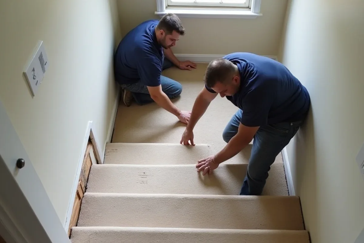 Removing worn carpet from staircase stringers and preparing framing in an Atlanta residence