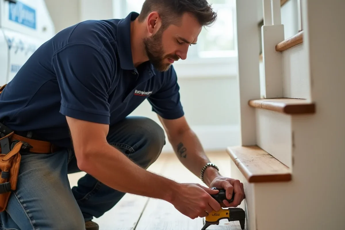 Carpenter using stair tread gauge tool to scribe oak tread precisely against stair skirtboard