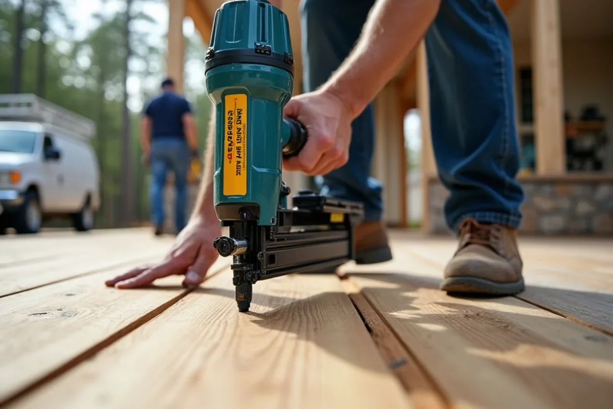 Pneumatic cleat floor nailer driving fasteners along wide plank white oak boards with urethane glue-assist in an Atlanta residence