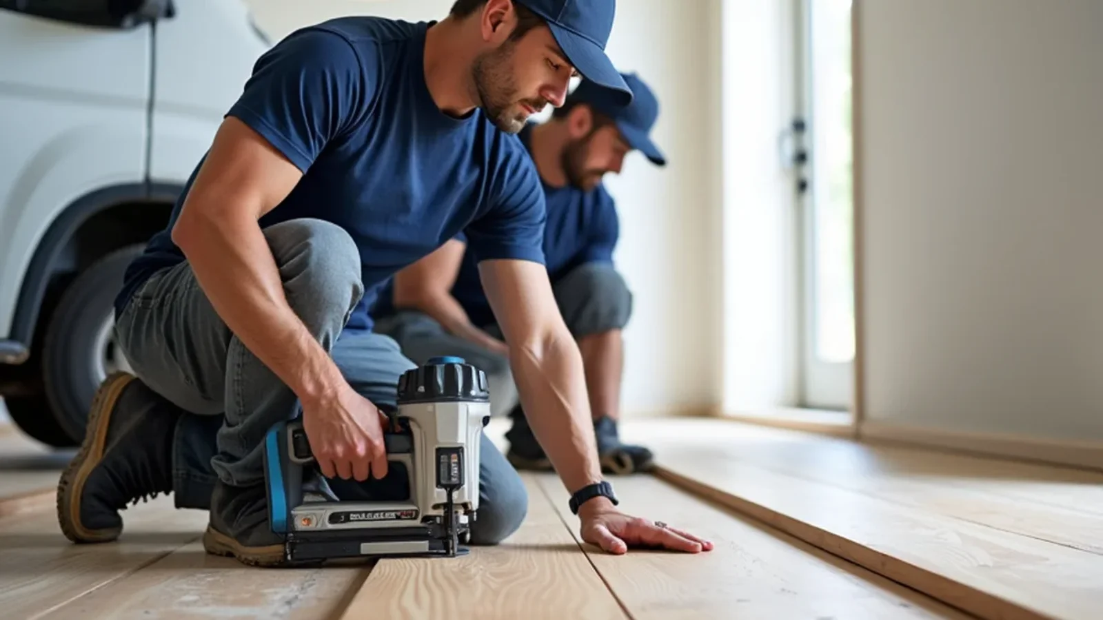 Solid white oak hardwood planks being nailed down in an Atlanta GA home