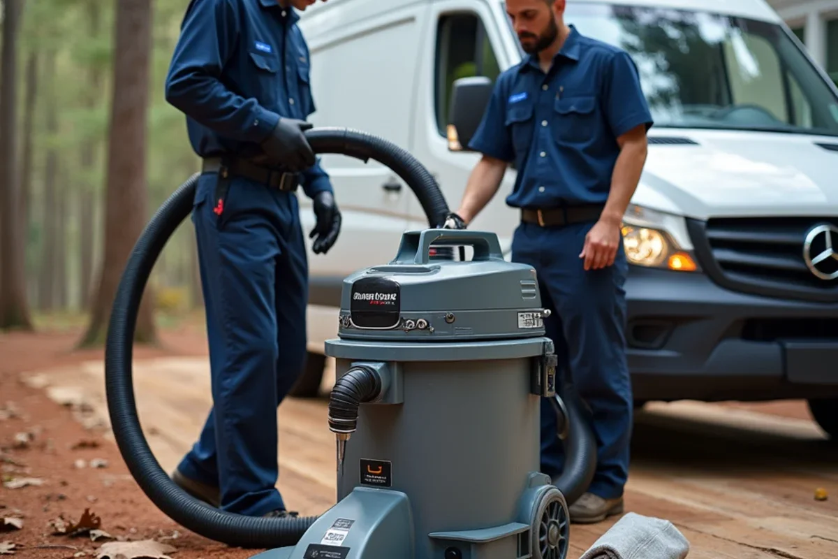 High CFM two-stage HEPA filtration vacuum system connected to hardwood floor edger