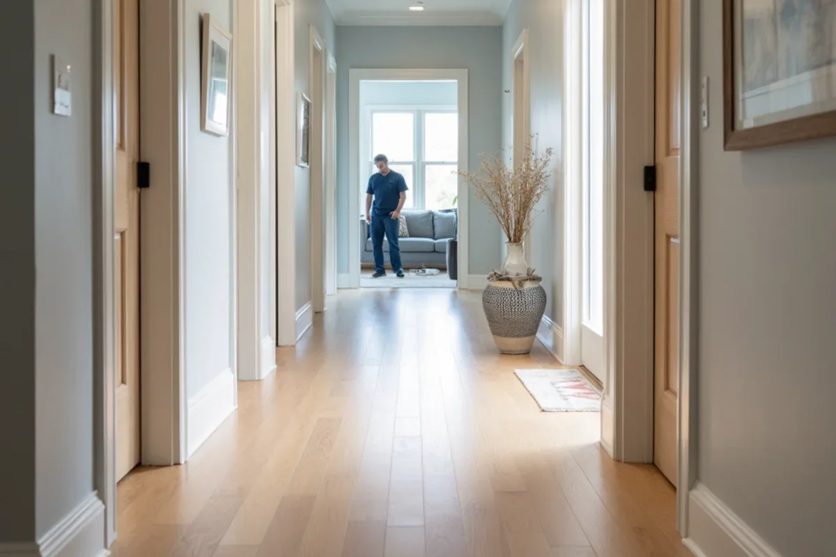 Flawless dustless refinished white oak hallway without airborne particulate residue