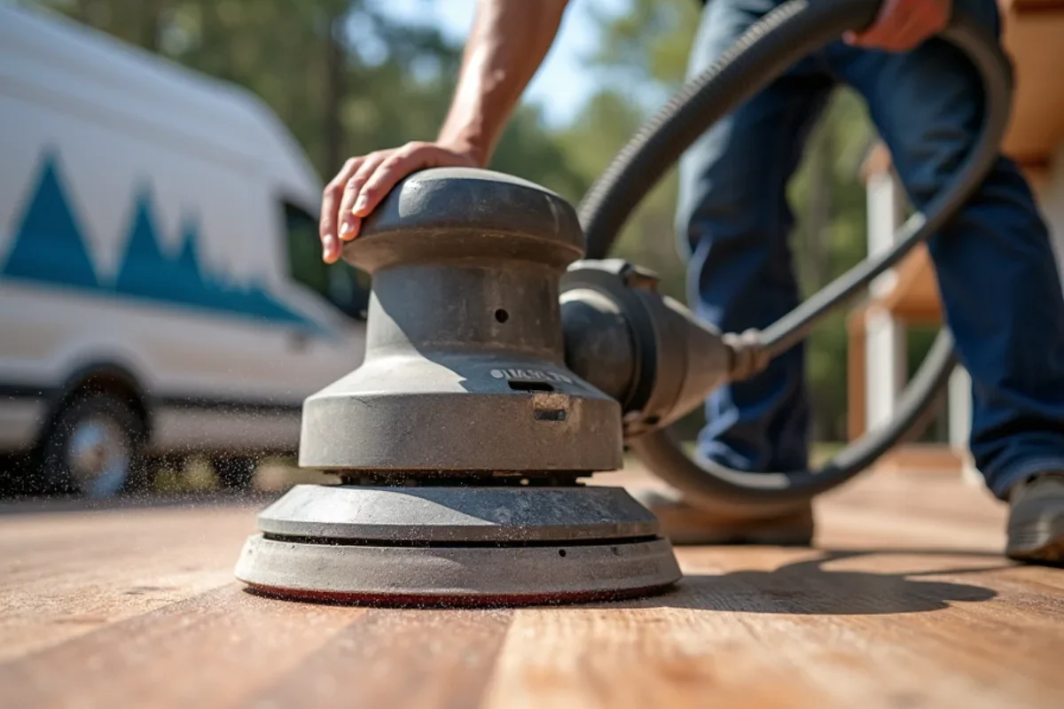 Multi-disc planetary sander with vacuum hose capturing fine timber particulates in an Atlanta home