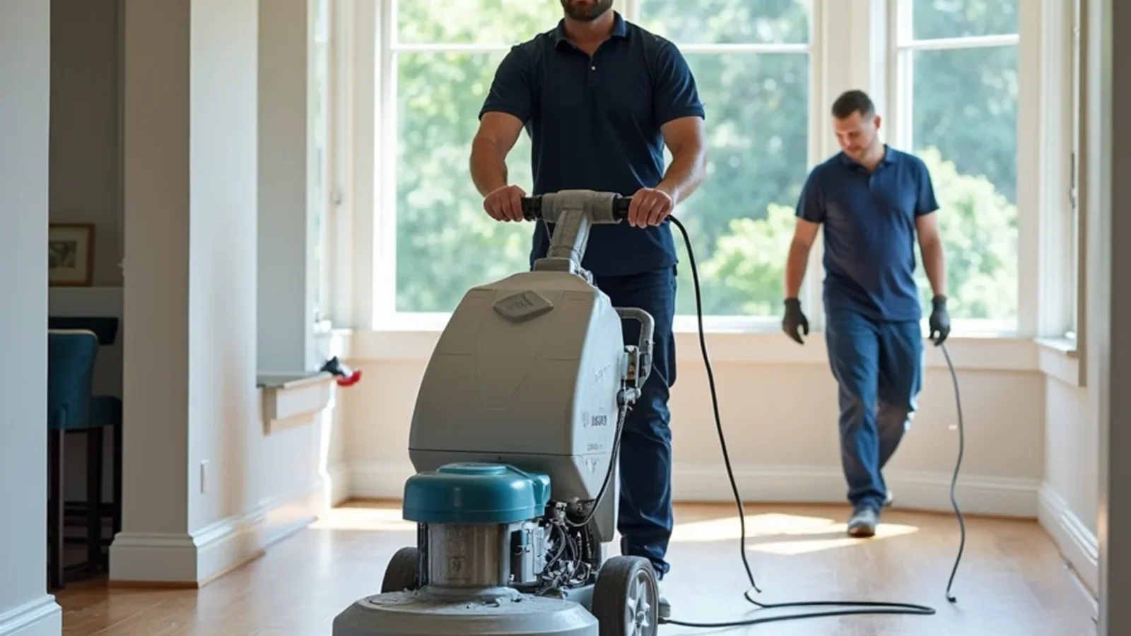 Dustless floor sanding machine with HEPA dust containment running in an Atlanta dining room