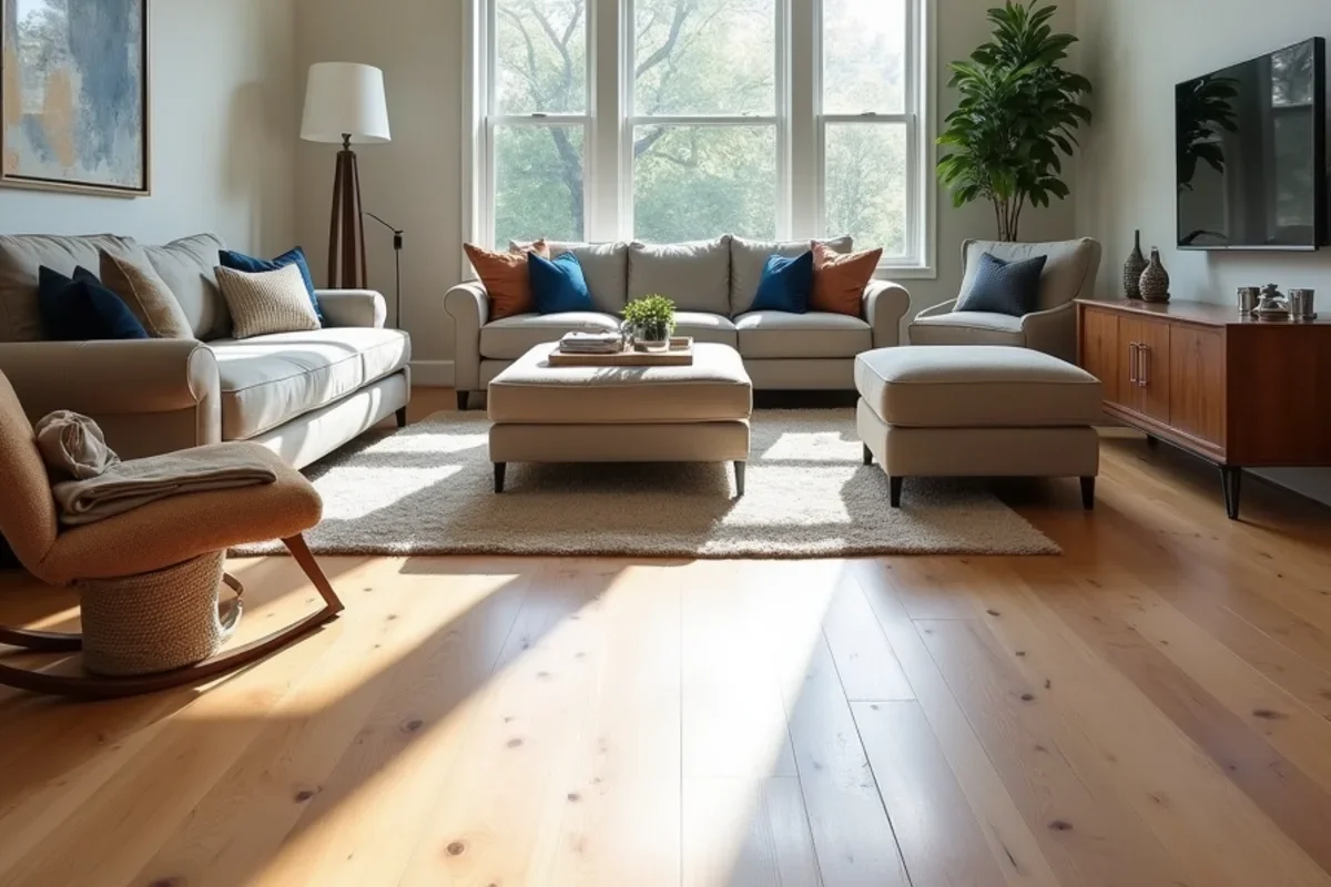 Site-finished white oak hardwood floor in a Buckhead Atlanta living room