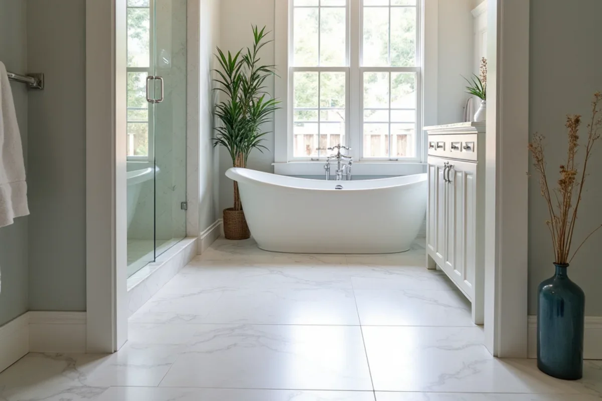 Large-format porcelain floor tile in a renovated Brookhaven bathroom