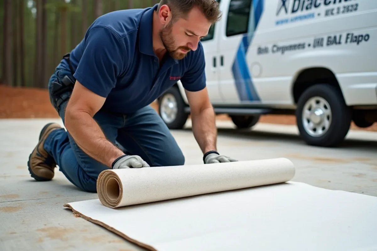 Technician rolling out combination vapor barrier and sound deadening underlayment for laminate