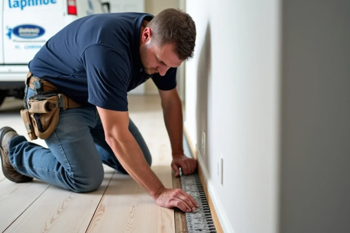 Installer placing perimeter expansion spacers along drywall edge during laminate installation