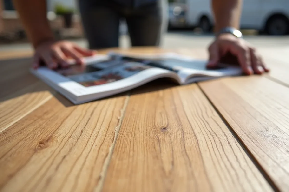 Close-up of 12mm embossed-in-register EIR oak laminate plank showing realistic grain grooves in Atlanta