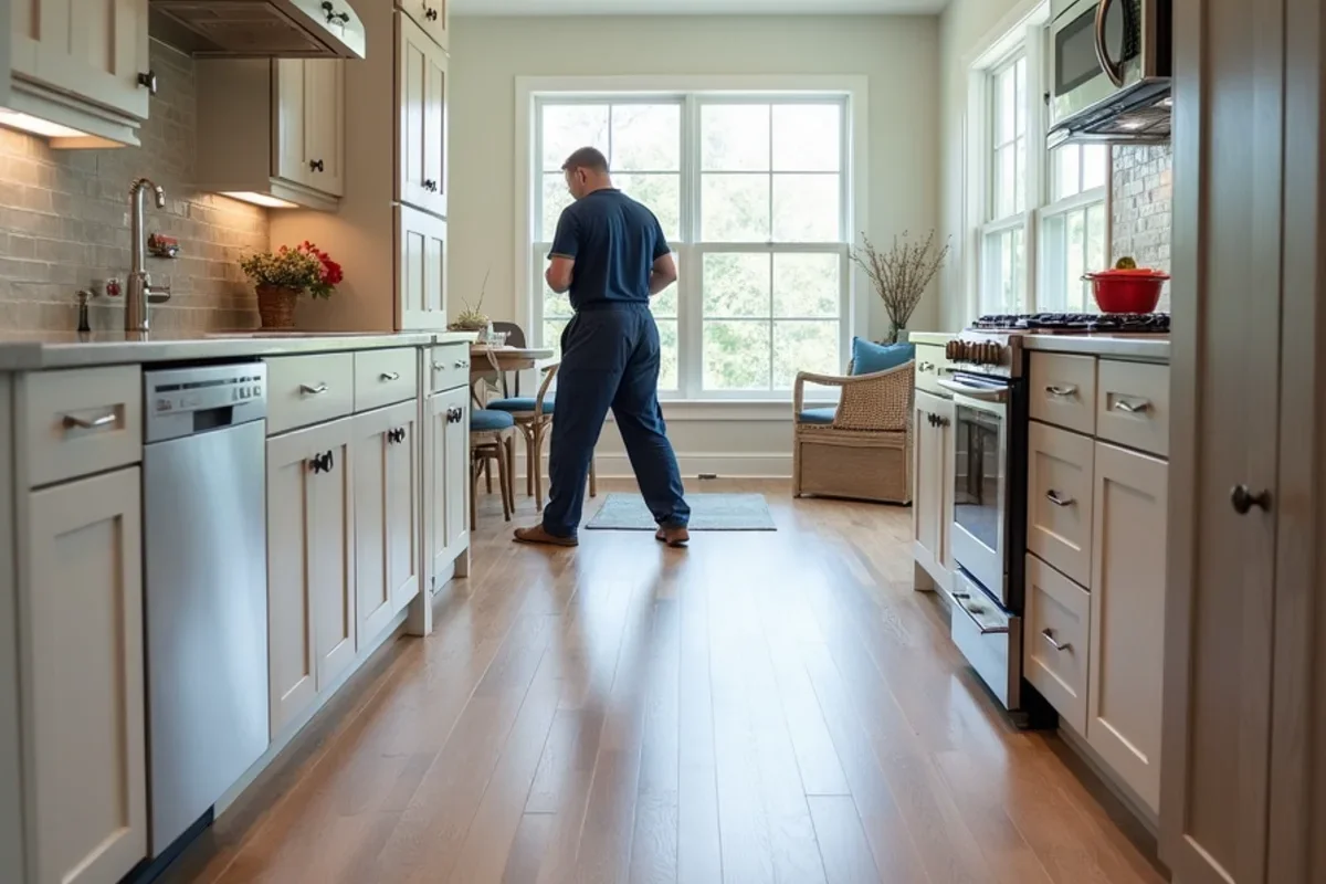 Beautiful waterproof wood-grain flooring installed across an Atlanta kitchen and mudroom