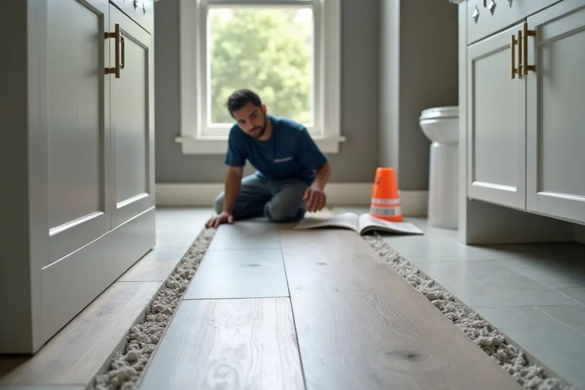 Seamless 100% waterproof transition between bathroom tile and rigid core plank in an Atlanta home