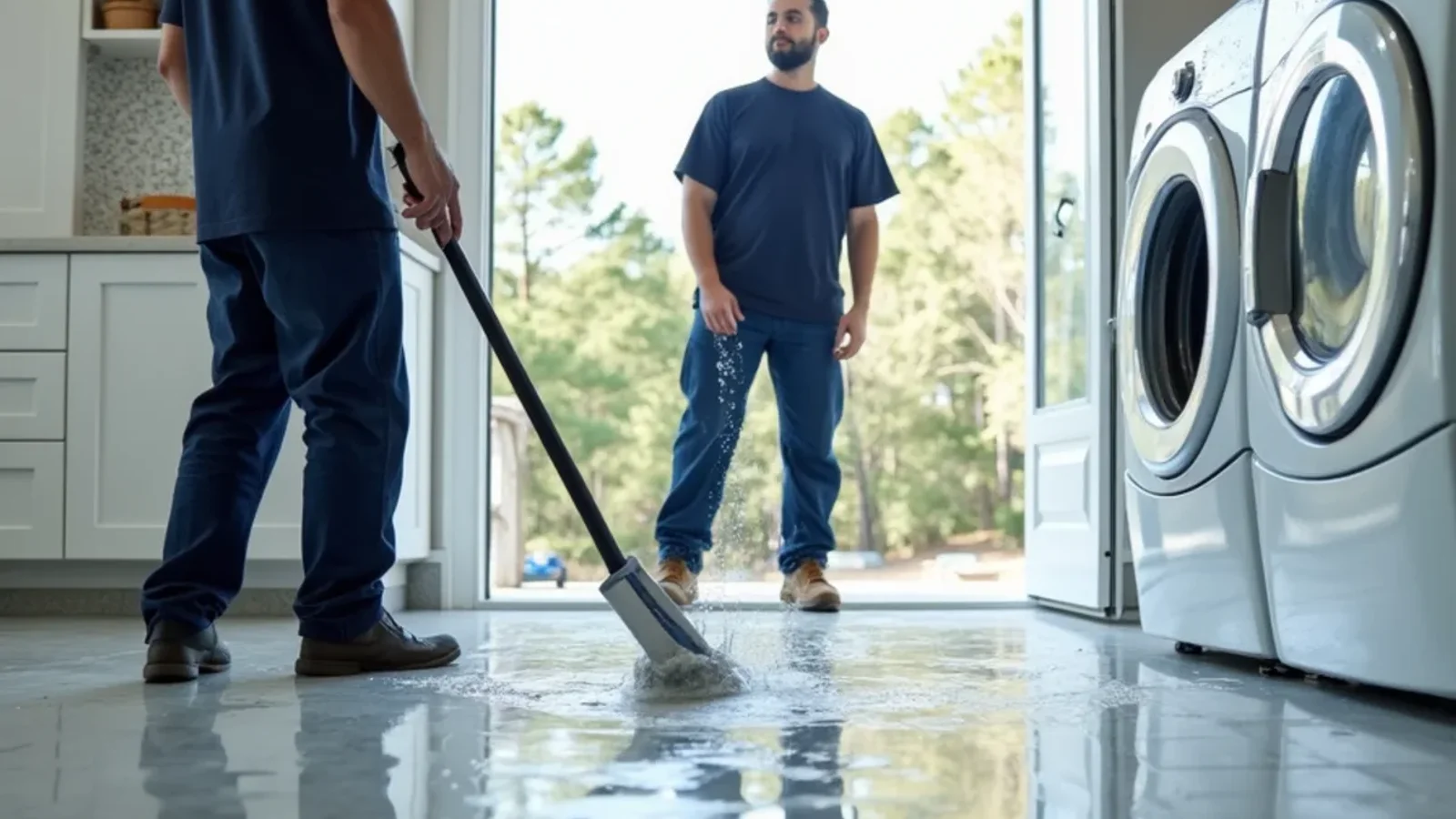 Waterproof rigid core flooring tested with water spill in an Atlanta modern laundry room